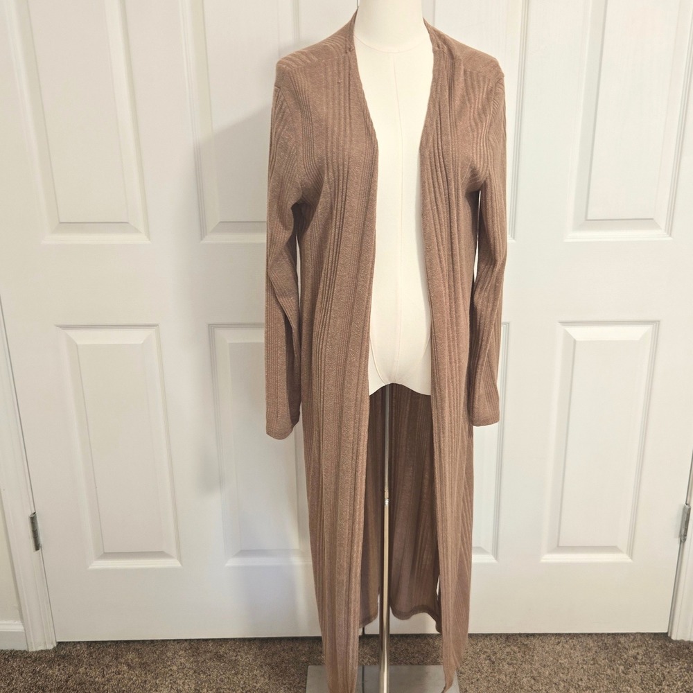 Umgee Cardigan Womens 1XL Mocha Brown Ribbed Knit Longline Open Front Duster